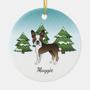 Décoration En Céramique Boston Terrier Bringé Dans Une Forêt D'Hiver & Nom