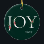 Décoration En Céramique Botanique d'hiver Joie adorée Noël Ornament<br><div class="desc">Bouges botaniques d'hiver,  branches et baies. Orné "JOY",  ornement festif de Noël vert émeraude.</div>