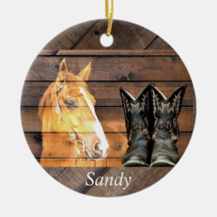 Décoration En Céramique Bottes de cowboy cheval Planche de grange rustique