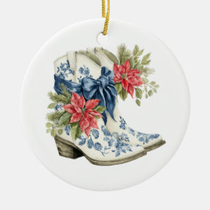 Décoration En Céramique Bottes de cowgirl en chinoiserie bleue de Noël