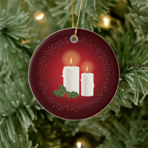Décoration En Céramique Bougies de Noël blanches sur fond rouge avec texte