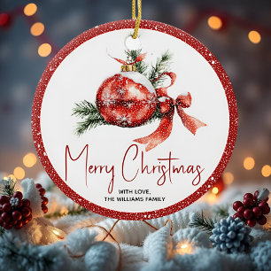 Décoration En Céramique Boule de Noël avec arc rouge et branches de sapin