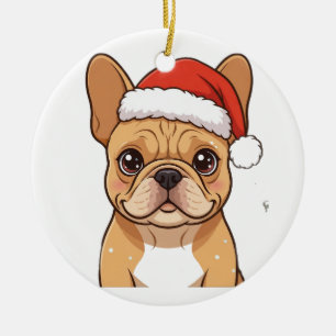 Décoration En Céramique Bouledogue français avec un chapeau de Père Noël A