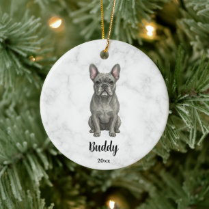 Décoration En Céramique Bouledogue Français Bleu à l'aquarelle Nom Mémoria