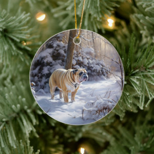 Décoration En Céramique Bouledogue Noël Laissé Tomber La Neige Brossé