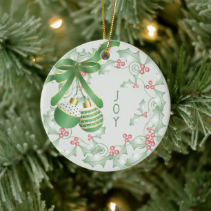 Décoration En Céramique Branches de houx vert clair rose Noël
