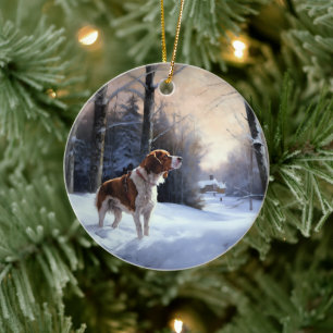 Décoration En Céramique Brittany Spaniel Laissez Neige Noël