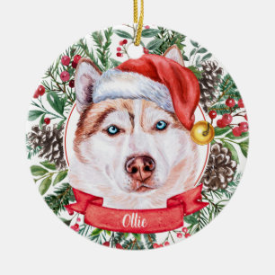 Décoration En Céramique Brown Husky Dog Custom Christmas Santa Ornament