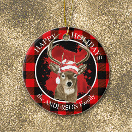 Décoration En Céramique Buffalo Plaid Deer Santa Hat
