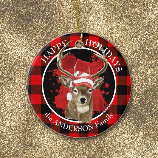 Décoration En Céramique Buffalo Plaid Deer Santa Hat