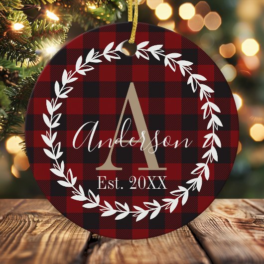 Décoration En Céramique Buffalo Plaid Monogram Wreath Famille Noël