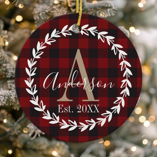 Décoration En Céramique Buffalo Plaid Monogram Wreath Famille Noël