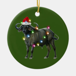 Décoration En Céramique Buffalo With Hat Lights Christmas