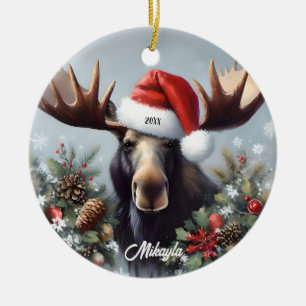 Décoration En Céramique Bull Moose dans le Noël du Chapeau du Père Noël