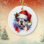 Décoration En Céramique Bulldog à Santa Hat Noël personnalisé<br><div class="desc">Si vous aimez les bulldogs et voulez l'ornement de Noël mignon alors ici,  allez! Joli style aquarelle ai art anglais Bulldog à Santa Hat. Ajoutez votre salutation de Noël dans la zone personnalisée.</div>
