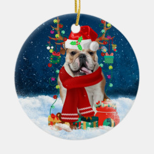 Décoration En Céramique Bulldog anglais en neige avec cadeaux de Noël