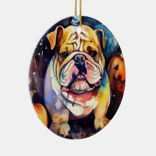 Décoration En Céramique Bulldog d'Halloween avec citrouilles effrayant