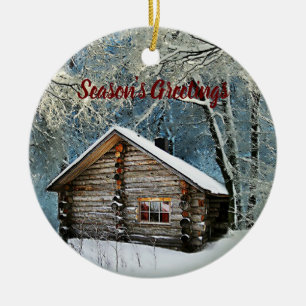 Décoration En Céramique Cabane en rondins rustique magie d'hiver
