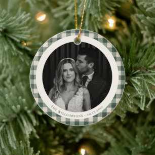 Décoration En Céramique Cadeau de mariage photo de Noël à carreaux verts G