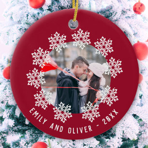 Décoration En Céramique Cadre flocon de neige rouge couple souvenir photo