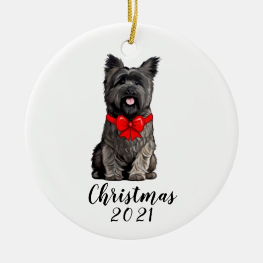 Décoration En Céramique Cairn Terrier dans Noël Bow Date personnalisable (Devant)