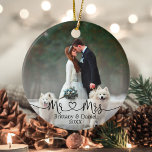 Décoration En Céramique Calligraphy Heart Mr. and Mrs. Wedding Photo<br><div class="desc">Modern Minimalist Simple Calligraphy Script Mr. and Mrs. Heart Bride and Groom Wedding Photo Ornament</div>