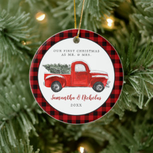 Décoration En Céramique Camion de Ferme Rouge Vintage Premier Noël M. et