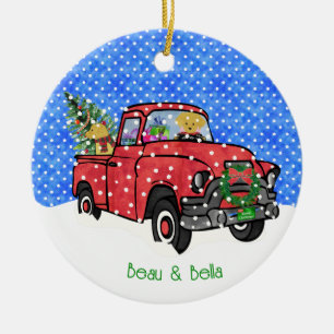 Décoration En Céramique Camion Vintage Rouge Snowy Xmas Golden Retrivers