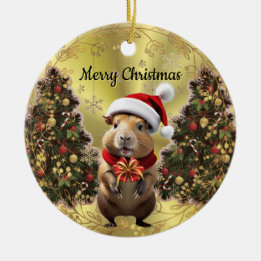 Décoration En Céramique Capybara de Noël flanqué d'arbres de Noël