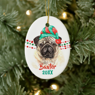Décoration En Céramique Carlin Chien Santa Hat Perles à cordes de vacances