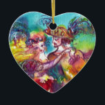 DÉCORATION EN CÉRAMIQUE CARNIVAL DANCE  RED RUBY HEART<br><div class="desc">Colorful , elegant and vibrant fine art design with romantic carnival dancers :Whimsical dance figures, beautiful blonde woman in feathered sparkling costumes is dancing with a young Harlequin. Watercolor painting in bright pink, fuchsia, green, red, blue, yellow colors , gold sparkles inspired from Comedy of Art (Commedia dell'arte ) and...</div>