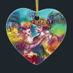 DÉCORATION EN CÉRAMIQUE CARNIVAL DANCE  RED RUBY HEART<br><div class="desc">Colorful , elegant and vibrant fine art design with romantic carnival dancers :Whimsical dance figures, beautiful blonde woman in feathered sparkling costumes is dancing with a young Harlequin. Watercolor painting in bright pink, fuchsia, green, red, blue, yellow colors , gold sparkles inspired from Comedy of Art (Commedia dell'arte ) and...</div>