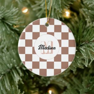 Décoration En Céramique Carrés à damier marron moka blanc rétro Monogramme