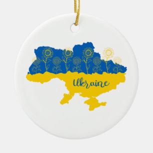 Décoration En Céramique Carte de l'Ukraine avec tournesol et drapeau ukrai