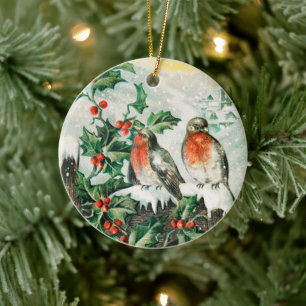 Décoration En Céramique Carte de Noël vintage avec rouges-gorges, houx, ég
