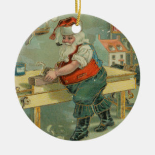 Décoration En Céramique Carte de Noël vintage - Santa dans son atelier