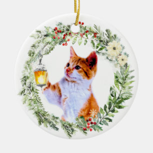 Décoration En Céramique Cat de Noël en couronne avec lanterne Personnalis