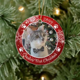 Décoration En Céramique Cat First Christmas Snowflake Photo Red White