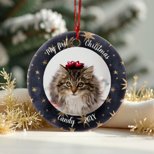 Décoration En Céramique Cat Pet First Christmas Photo Rustic Messy Stars