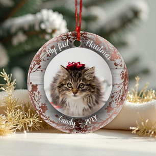 Décoration En Céramique Cat Pet First Christmas Photo Wirures Rose Foils