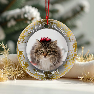 Décoration En Céramique Cat Pet First Christmas Photo Wreaths Gold Folies