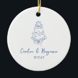 Décoration En Céramique Câteau Mariage à la main, à la main, français<br><div class="desc">Ajoutez une touche de charme vintage à votre mariage avec ce ornement en céramique personnalisée avec un gribouillage bleu français d'un gâteau mariage. Parfait pour garder ou favoriser, cet ornement saisit l'élégance de votre journée spéciale avec une sensation personnelle et manuscrite. Customisez avec vos noms et votre date pour créer...</div>