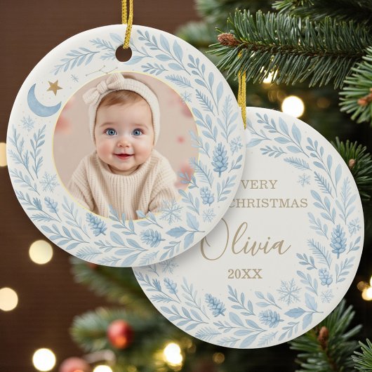 Décoration En Céramique Celestial Baby First Cute Blue Christmas Photo