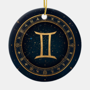 Décoration En Céramique Cercle Zodiacal Gémeaux Dorés avec Nuit Étoilée