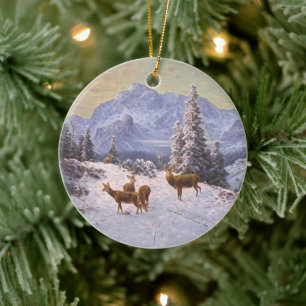 Décoration En Céramique Cerf avec troupeau en hiver, Arbre de Noël