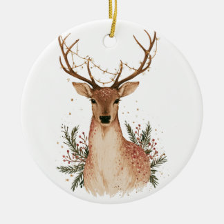 Décoration En Céramique Cerf de Noël avec guirlande lumineuse et verdure