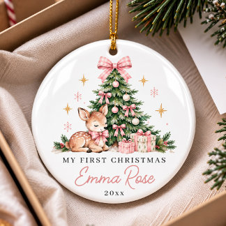 Décoration En Céramique Cerf de Noël avec Nœud Rose Premier Noël