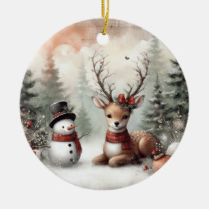 Décoration En Céramique Cerf de Noël/bonhomme de neige en bois classique
