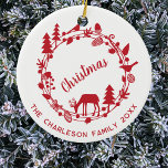 Décoration En Céramique Cerf Wreath Woodland - Noël personnalisé<br><div class="desc">Une jolie forêt boisée avec des cerfs,  des oiseaux,  des pins,  des glands et des pins. Modifiez le texte inférieur,  le nom de famille et la date de personnaliser. Art original de Nic Squirrell.</div>