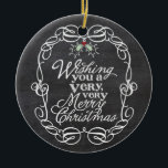 Décoration En Céramique Chalkboard Mistletos Script Joyeux Noël Photo<br><div class="desc">'Je Vous Souhaite Un Très Joyeux Noël' Typographie De Salutation Blanche Dans Un Cadre Vintage Traditionnel Défilé, Panneau Rustique De Noël Avec Mistletoes Ornement Photo. Conçu par fat*fa*tin. Facile à customiser avec votre propre texte, photo ou image. Pour des demandes personnalisées, veuillez contacter fat*fa*tin directement. Des frais personnalisés s'appliquent. www.zazzle.com/fat_fa_tin...</div>